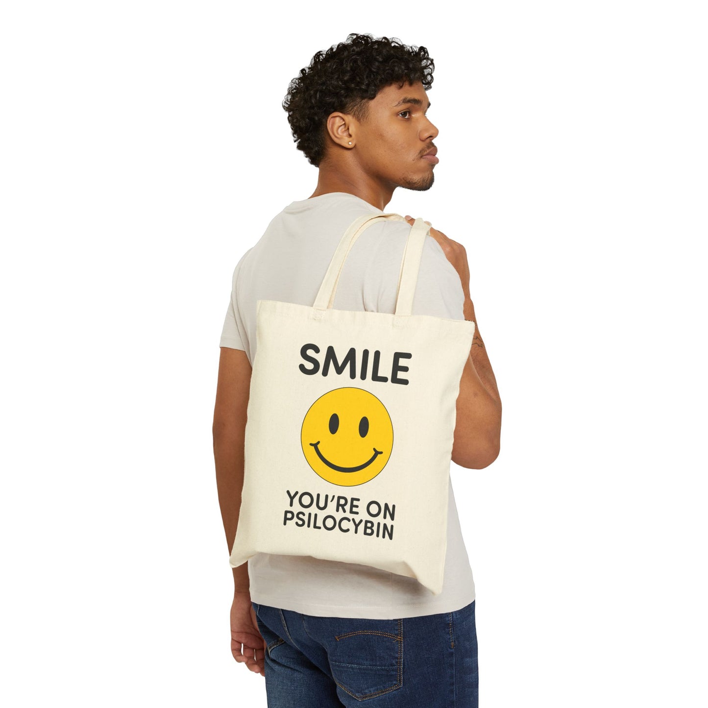 Funny Psychedelic Cotton Canvas Tote Bag - 'Smile You're on Psilocybin'