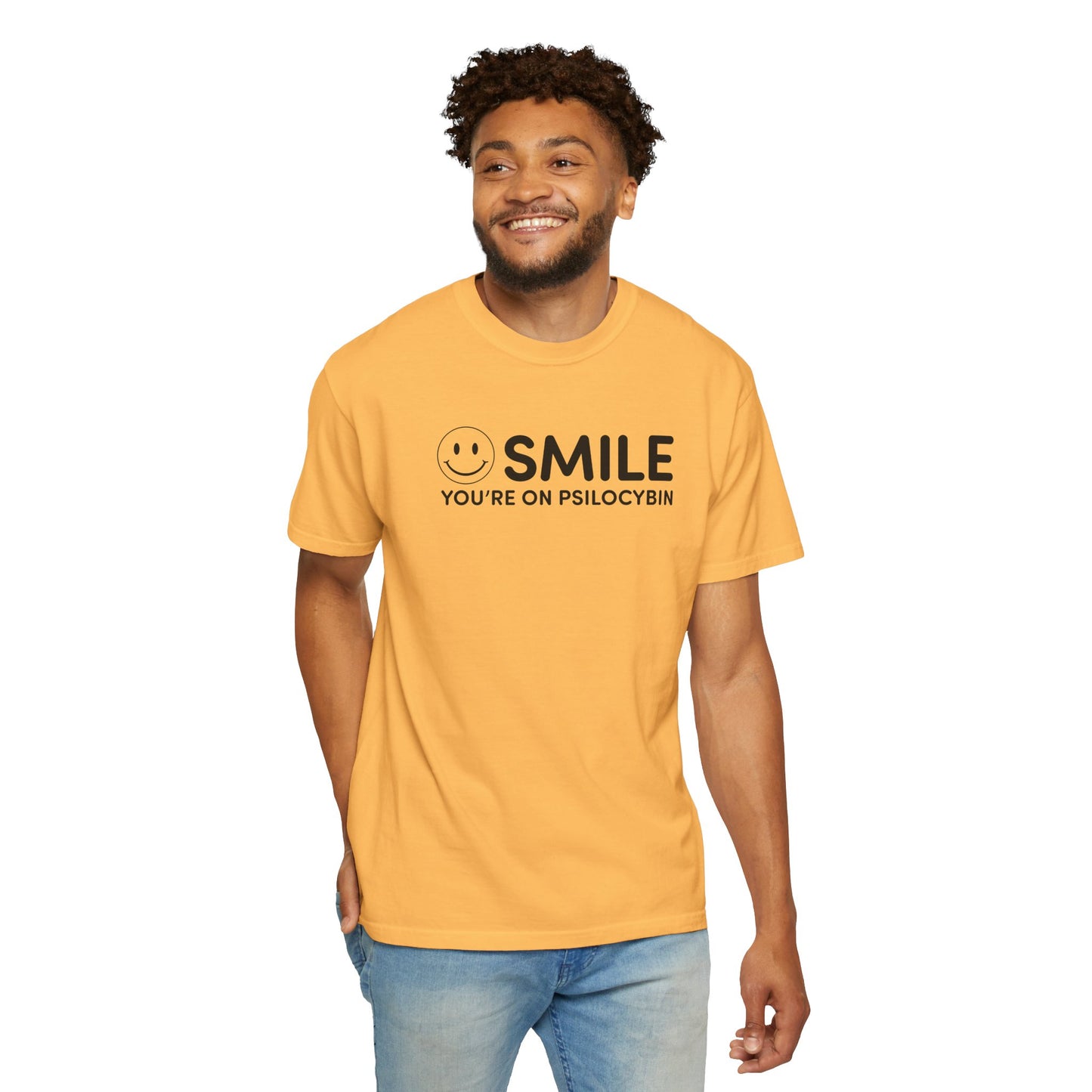 Garment-Dyed Yellow T-Shirt - Smile You're on Psilocybin