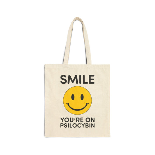 Funny Psychedelic Cotton Canvas Tote Bag - 'Smile You're on Psilocybin'