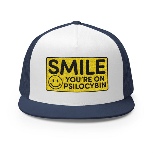 Trucker Cap - Smile You're on Psilocybin - Yellow Smiley Face Design